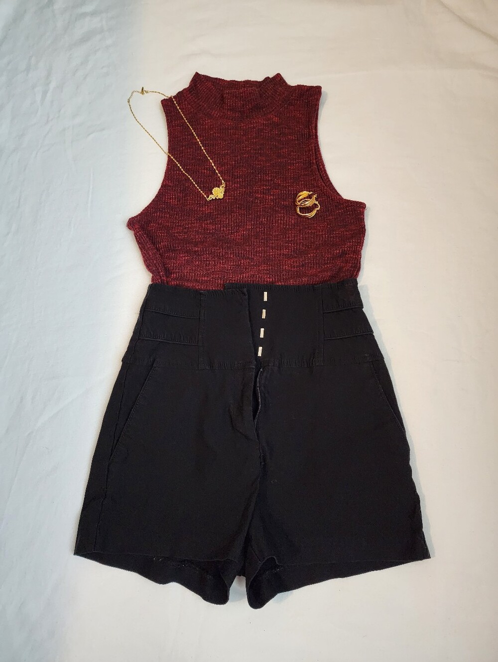 Forever 21 Black High-Waist Shorts XS with Burgundy Knit Tank S